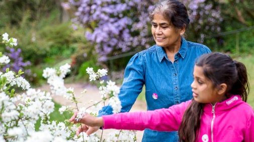 A family enjoying the Lower Garden in spring at Quarry Bank